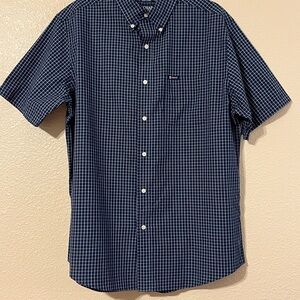 Chaps Men's L Navy Blue Checkered Button Down Short Sleeve Shirt